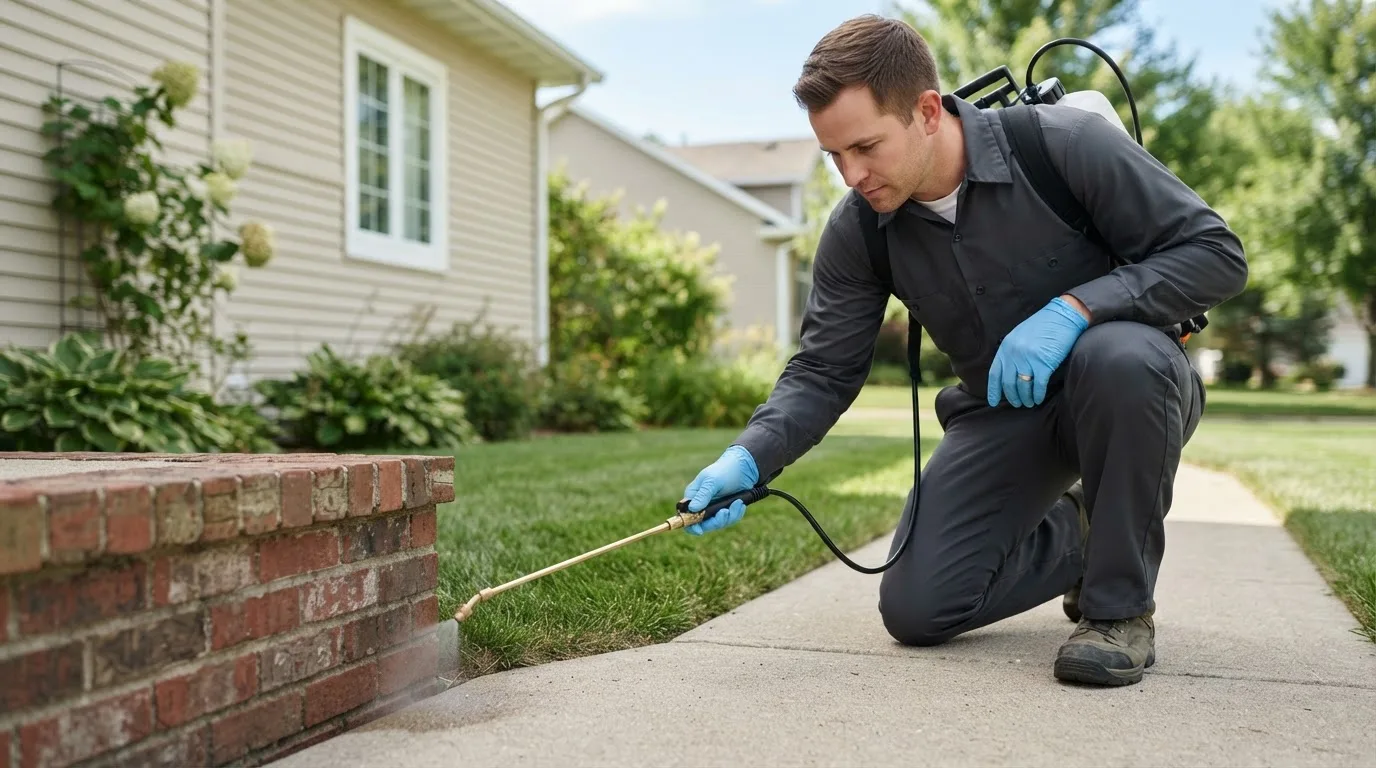 Pest control technician treating a home near Mercedes, TX