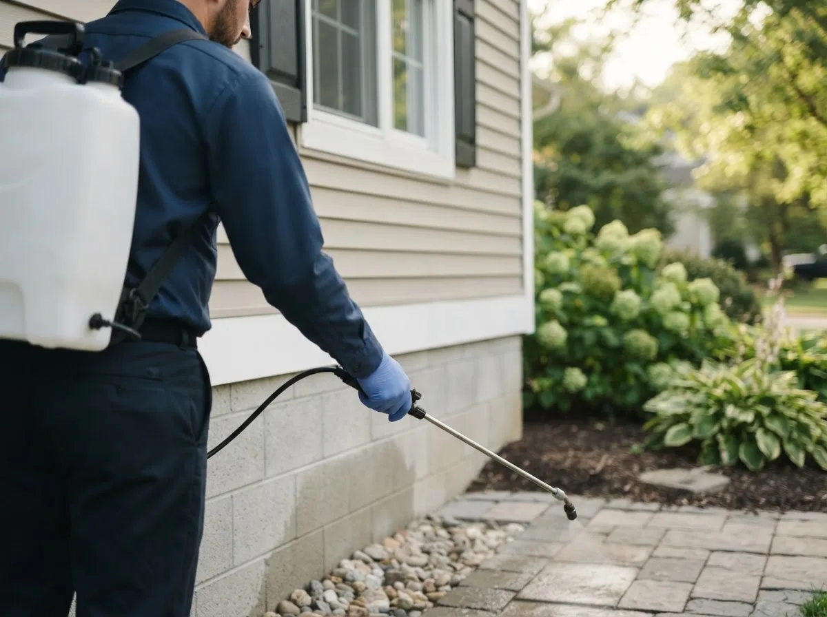 Pest control technician inspecting a home in Mercedes, TX